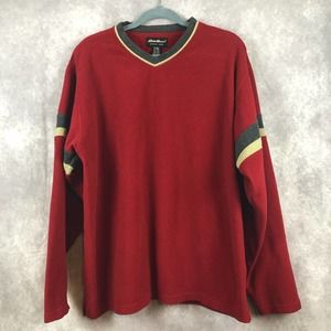 Eddie Bauer Pullover Sweater V Neck Red Striped Sleeves Mens Size Tall XL
